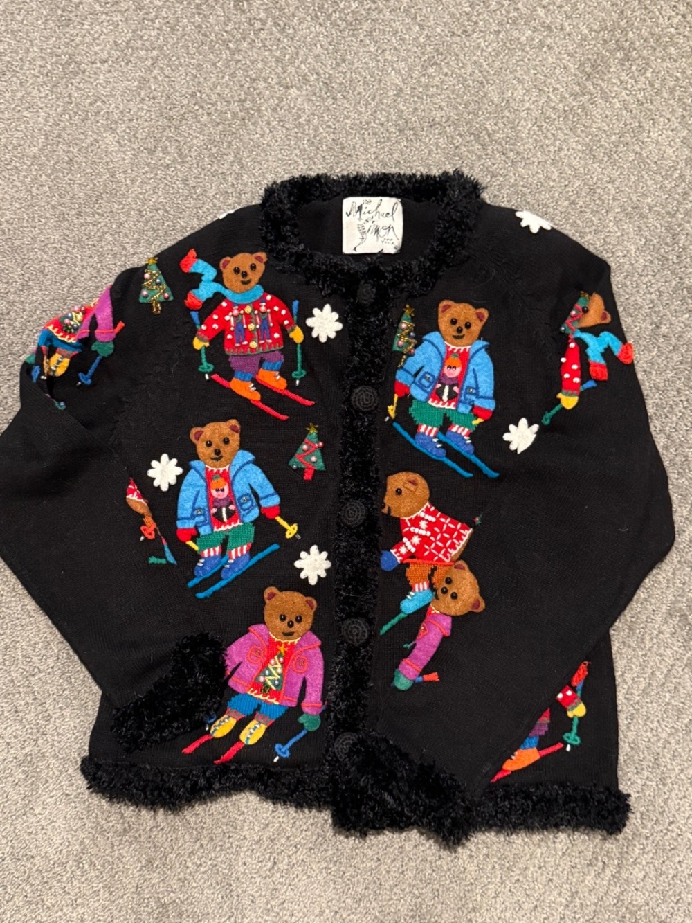 Vintage Michael Simon Skiing Teddy Bears Holiday Cardigan Fuzzy Trim